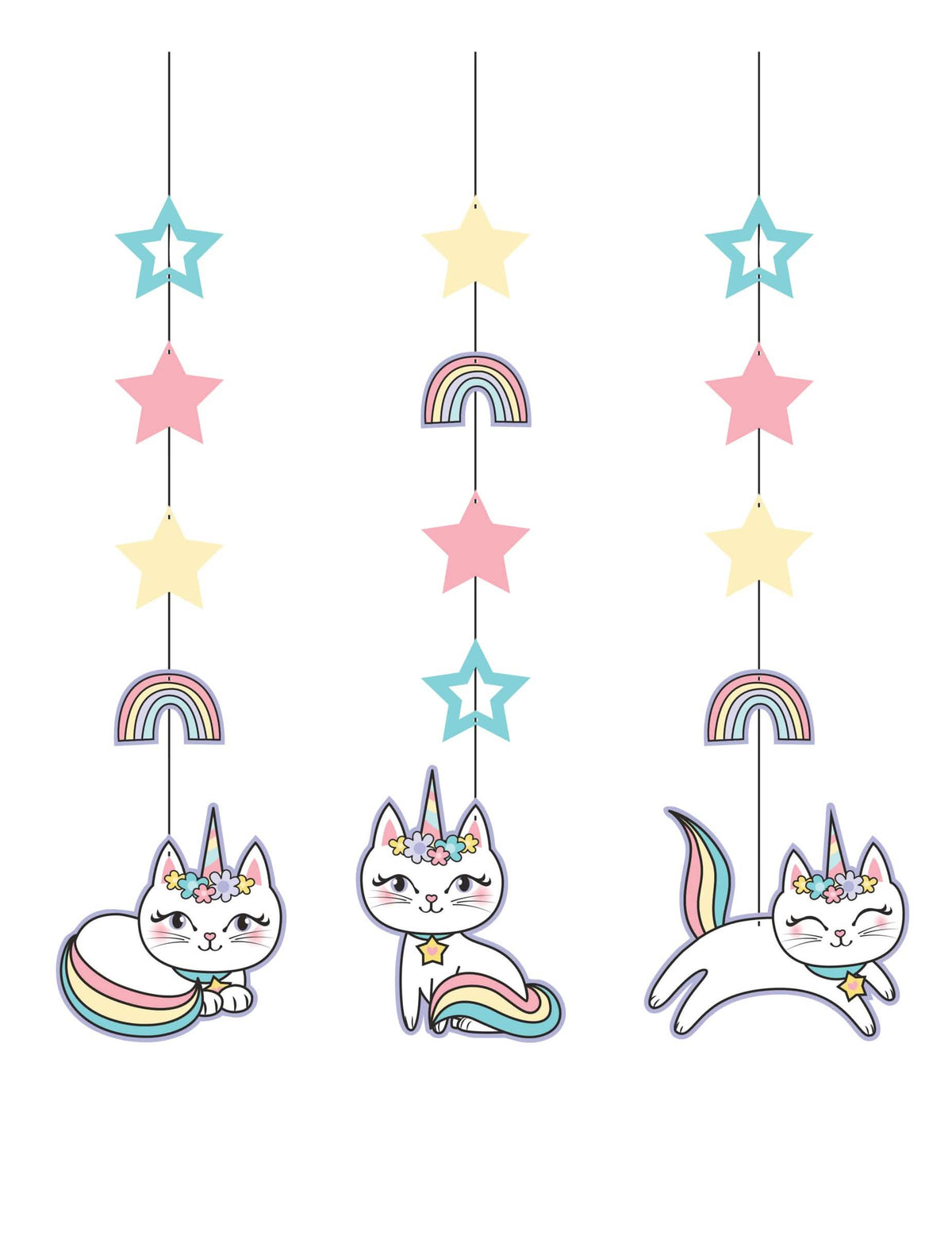 Suspendări din carton caticorn pentru aniversare pastel, cu stele și curcubee