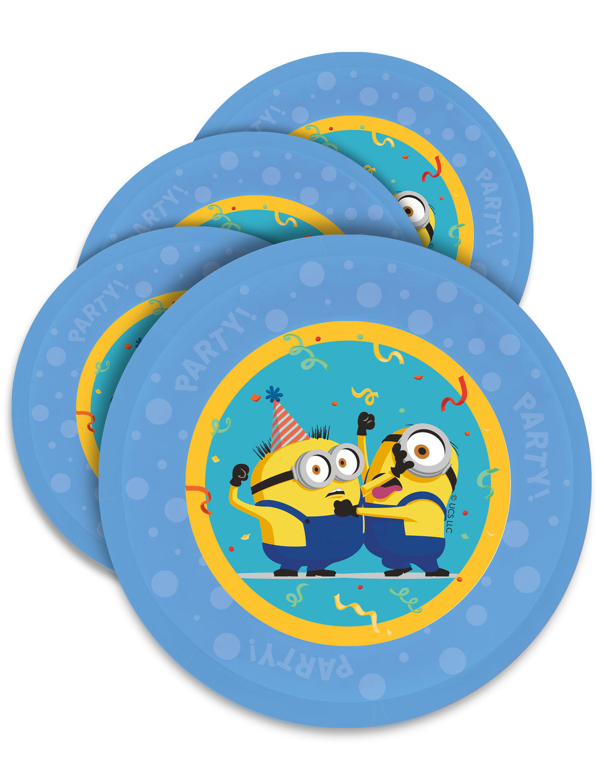 Assiettes réutilisables Minions bleues avec personnages et confettis