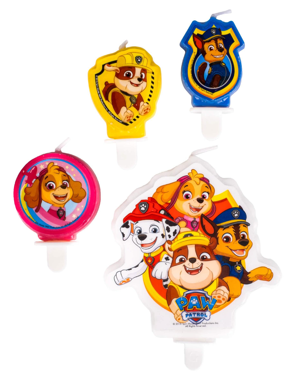 Set de 4 lumânări de aniversare Patrula Cățelușilor pentru copil, multicolore, cu Chase, Marcus, Ruben și Stella