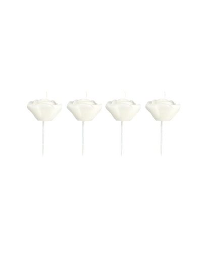 4 bougies en forme de roses sur pic pour décoration blanches