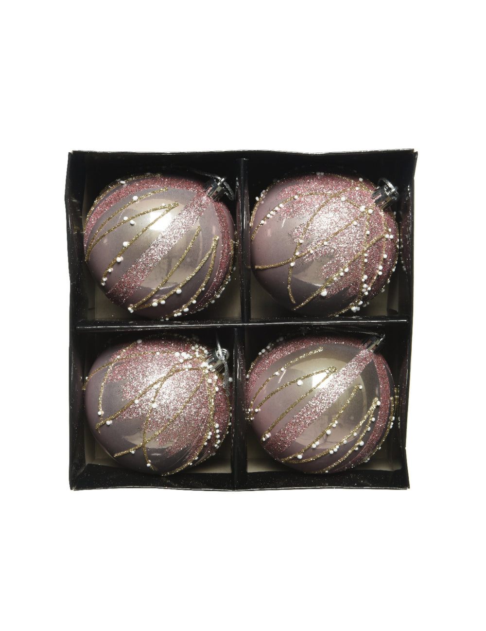 Vue dans leur boîte des boules de Noël paillettes rose et or avec perles