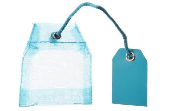 Punguță organza pentru ceai și mărturii turcoaz, cu etichetă
