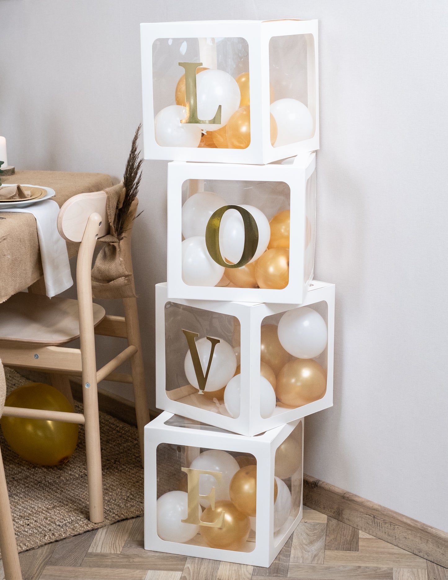 4 cuburi cu baloane albe transparente 30 cm