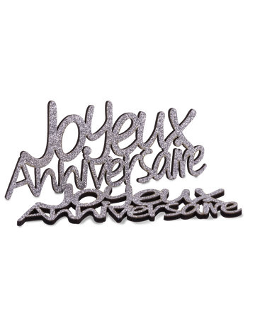 4 decorațiuni din lemn argintii cu sclipici „La mulți ani”, 11,5 x 3,5 cm cm pentru o masă elegantă