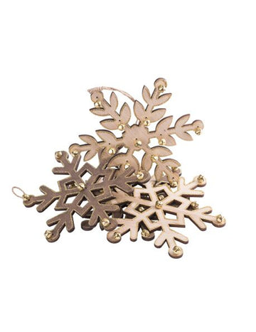 4 fulgi de zăpadă din lemn cu sclipici și clopoței aurii 18 cm 