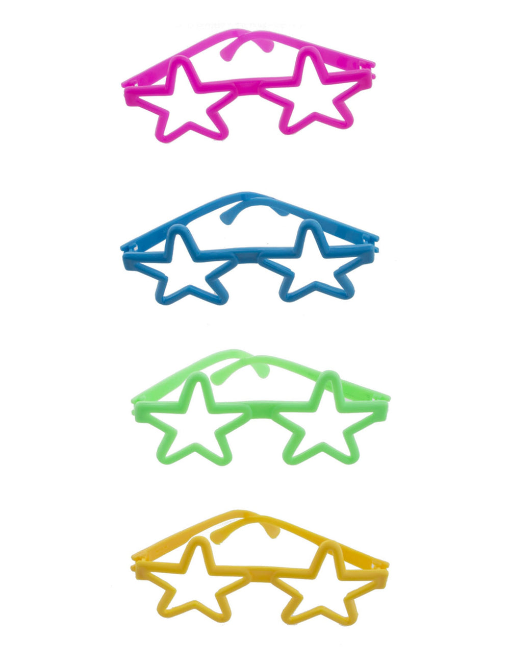 4 mini paires de lunettes colorées en forme d'étoile rose bleu vert et jaune