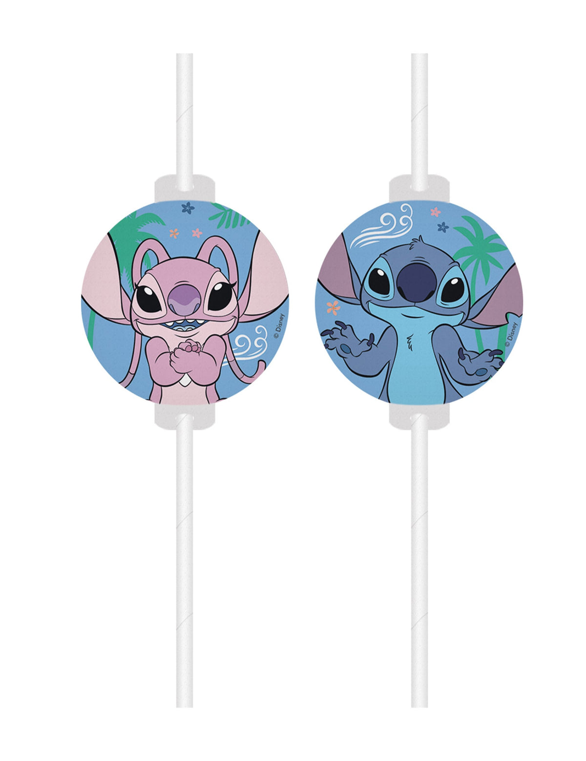 4 pailles avec médaillon papier Stitch pour enfant bleu et rose avec Stitch et Angel