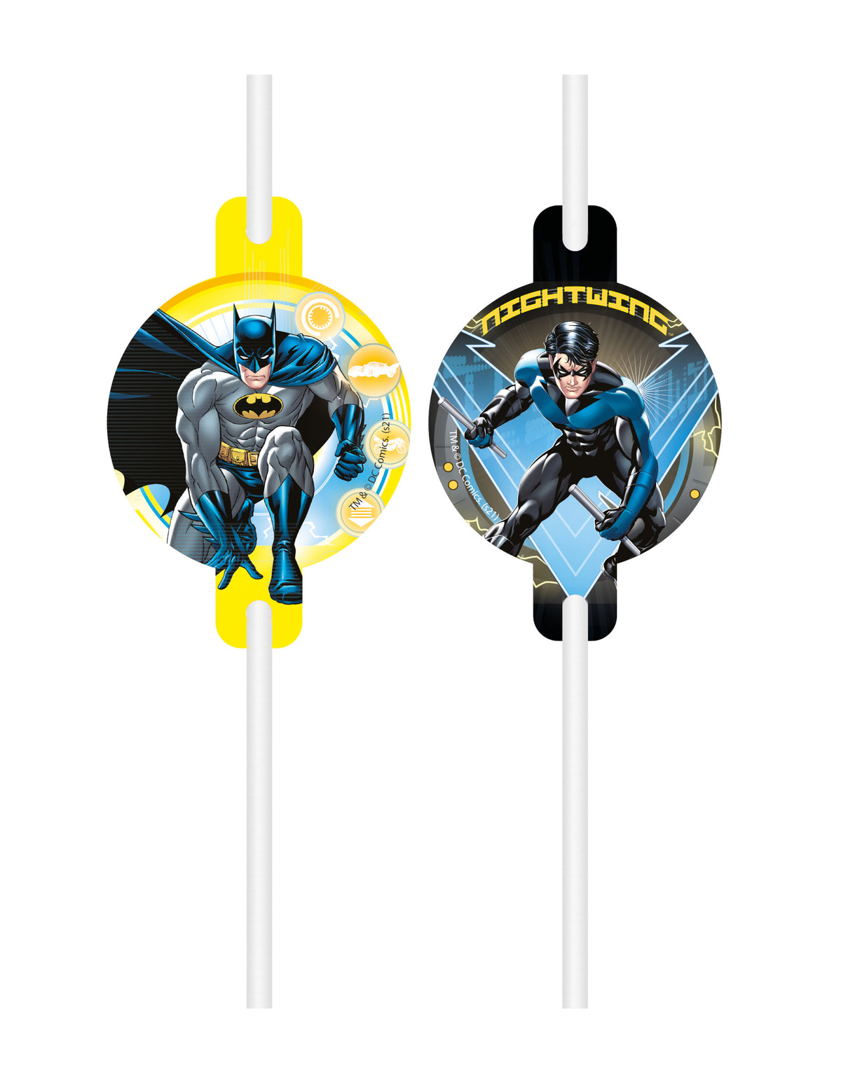 Pailles médaillon en carton Batman pour enfant jaune et noir avec motifs Batman et Nightwing