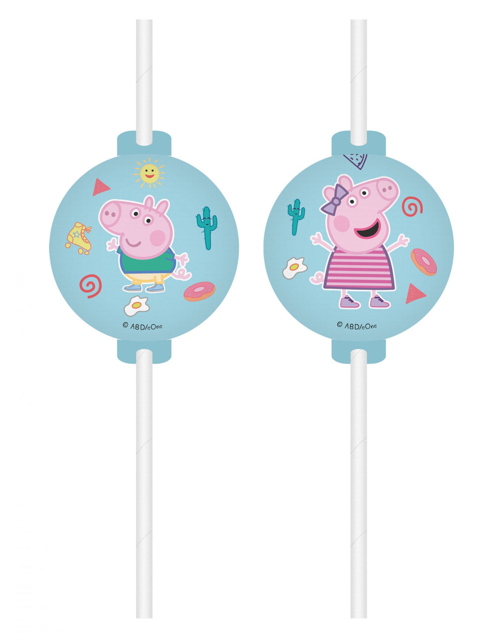 Pailles médaillon Peppa Pig pour enfant bleues avec George et Peppa Pig