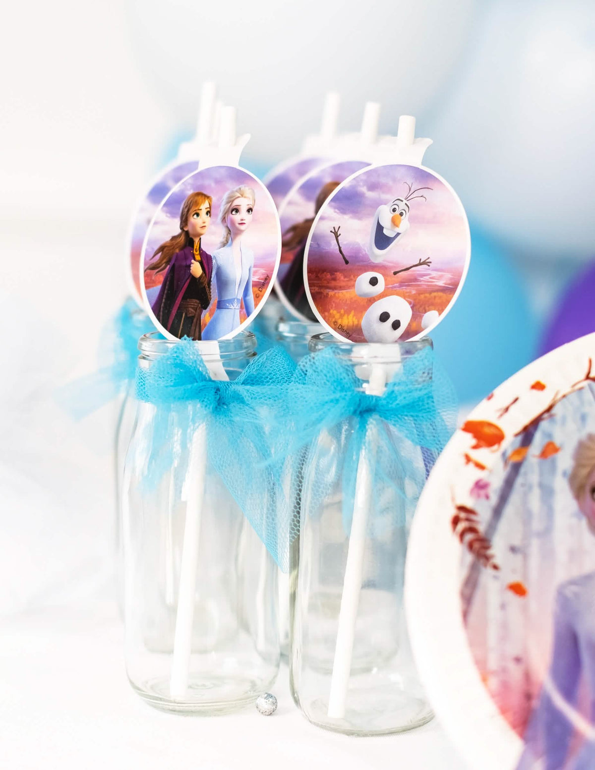 Détail de la présentation des pailles médaillons en carton La Reine des Neiges 2