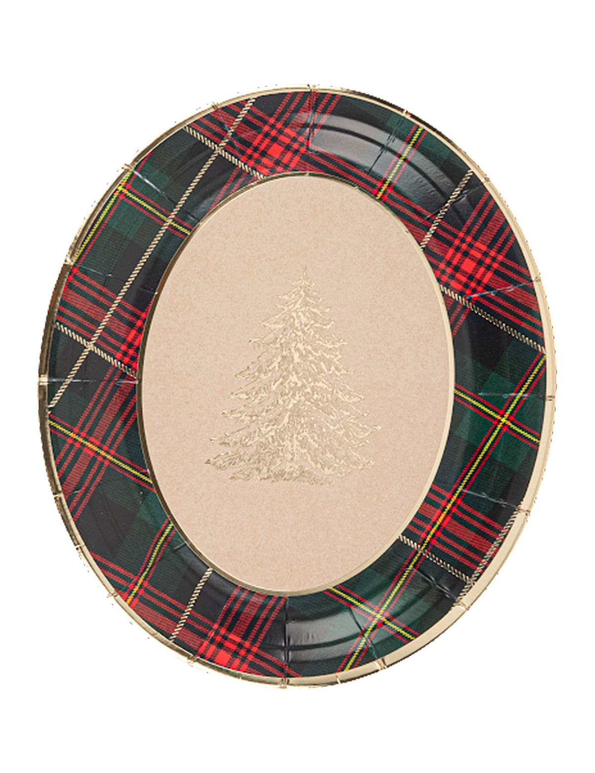Plateaux en carton tartan de Noël pour fête ovales rouge et vert avec sapin doré