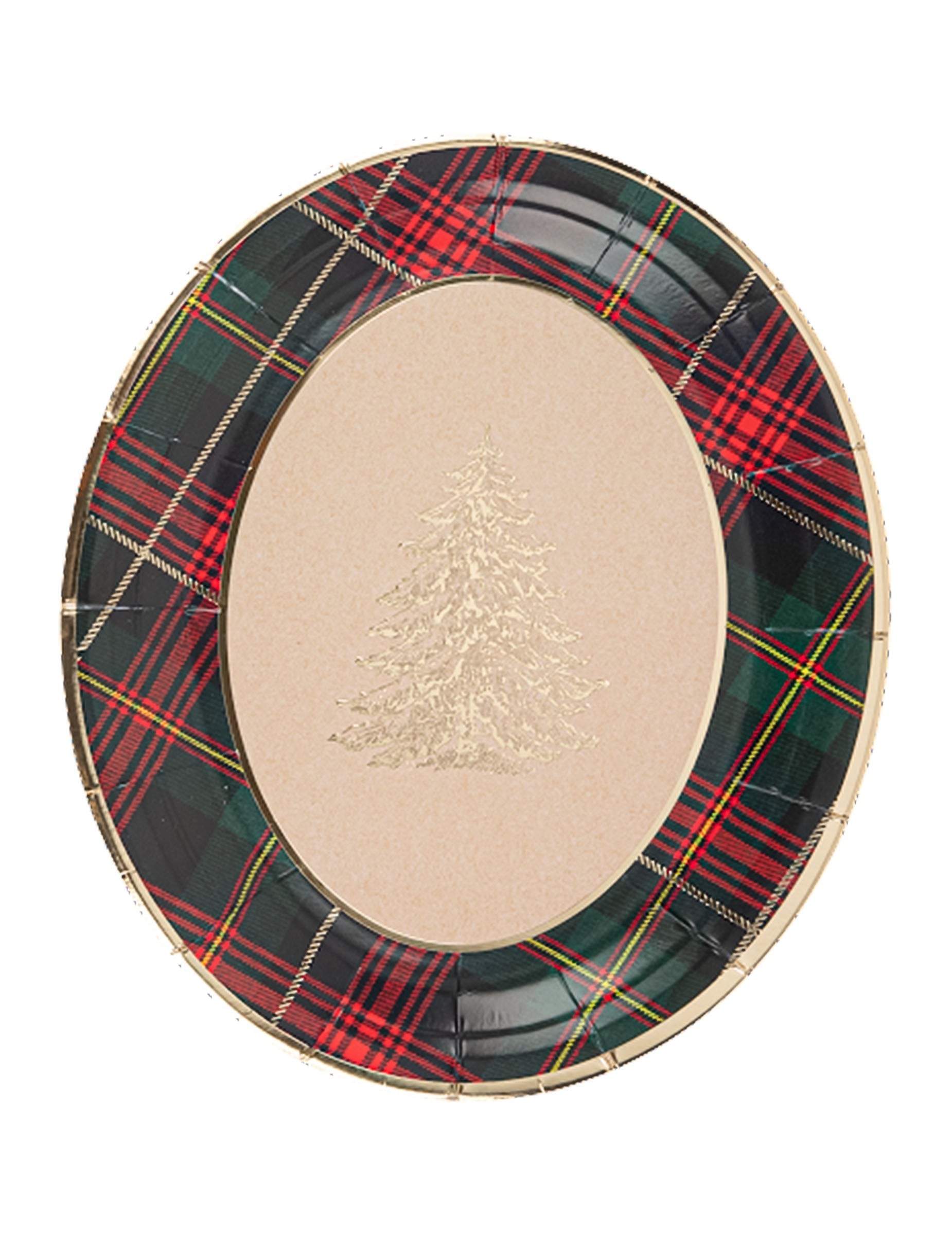 Plateaux en carton tartan de Noël pour fête ovales rouge et vert avec sapin doré