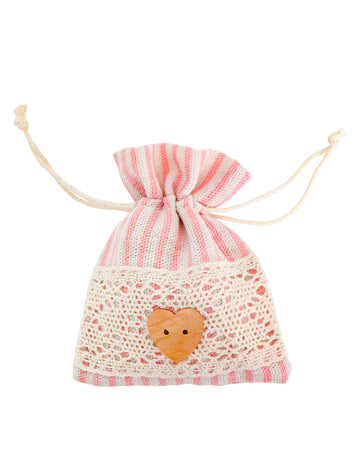 4 pungi roz pastel cu dungi și dantelă, 20 x 25 cm cm cu o inimă de lemn