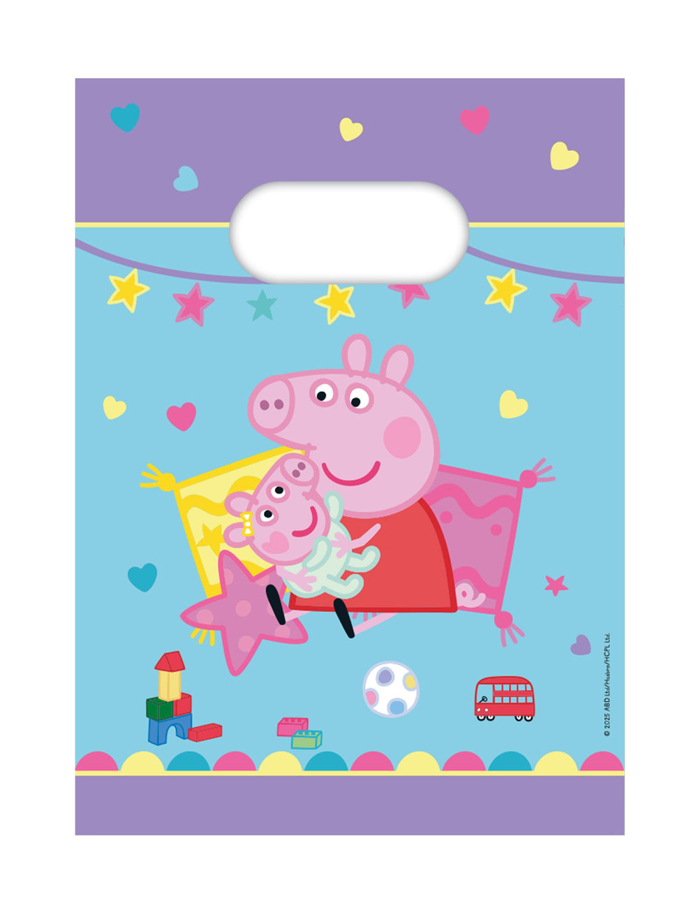 Sacs cadeaux en papier Peppa Pig pour enfant bleus et violets avec motifs cœurs et étoiles