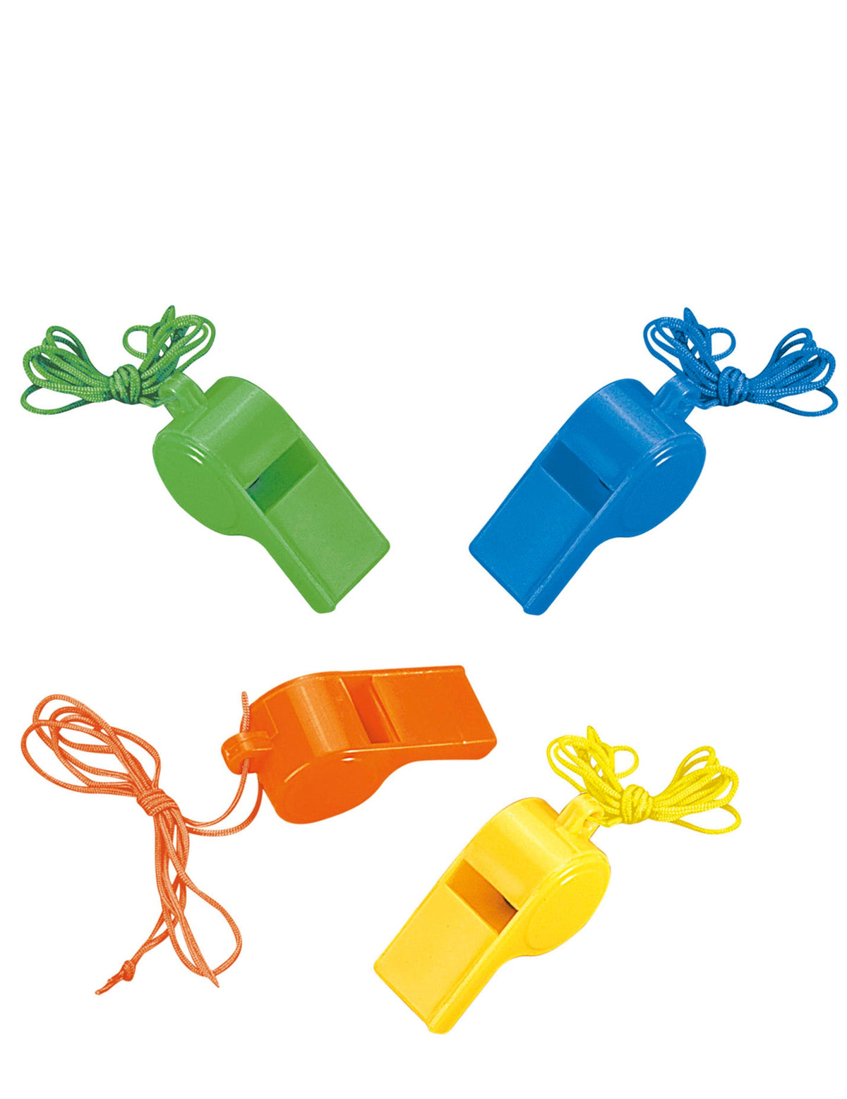 Sifflets colorés pour enfant vert bleu orange et jaune avec cordons