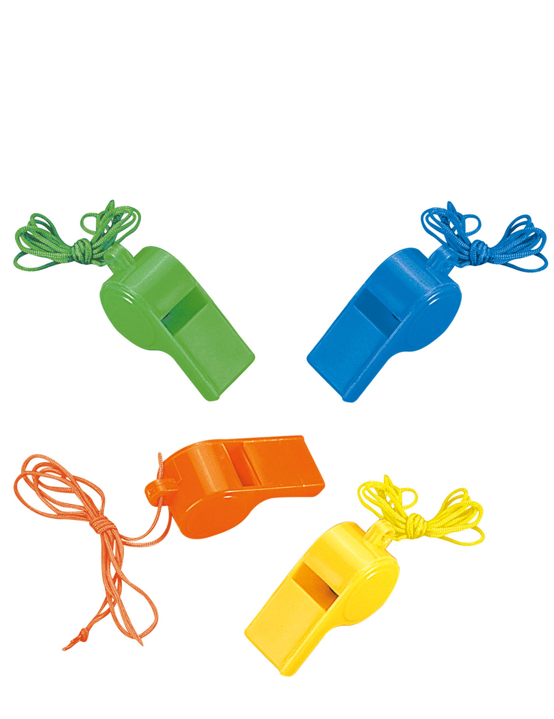 Sifflets colorés pour enfant vert bleu orange et jaune avec cordons