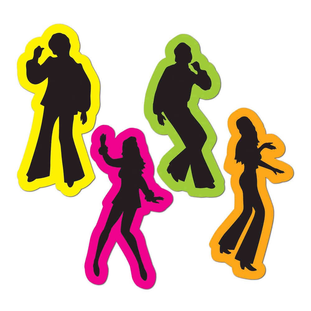 Siluete retro disco din anii 70 pentru petrecere, 4 dansatori negri cu contururi multicolore