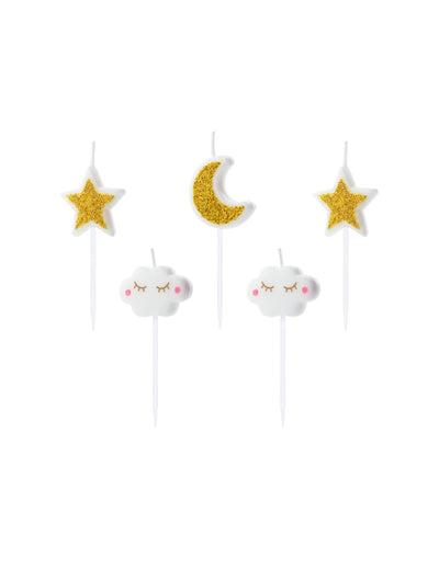 5 bougies d'anniversaire constellation blanc et doré pailleté nuages et étoiles