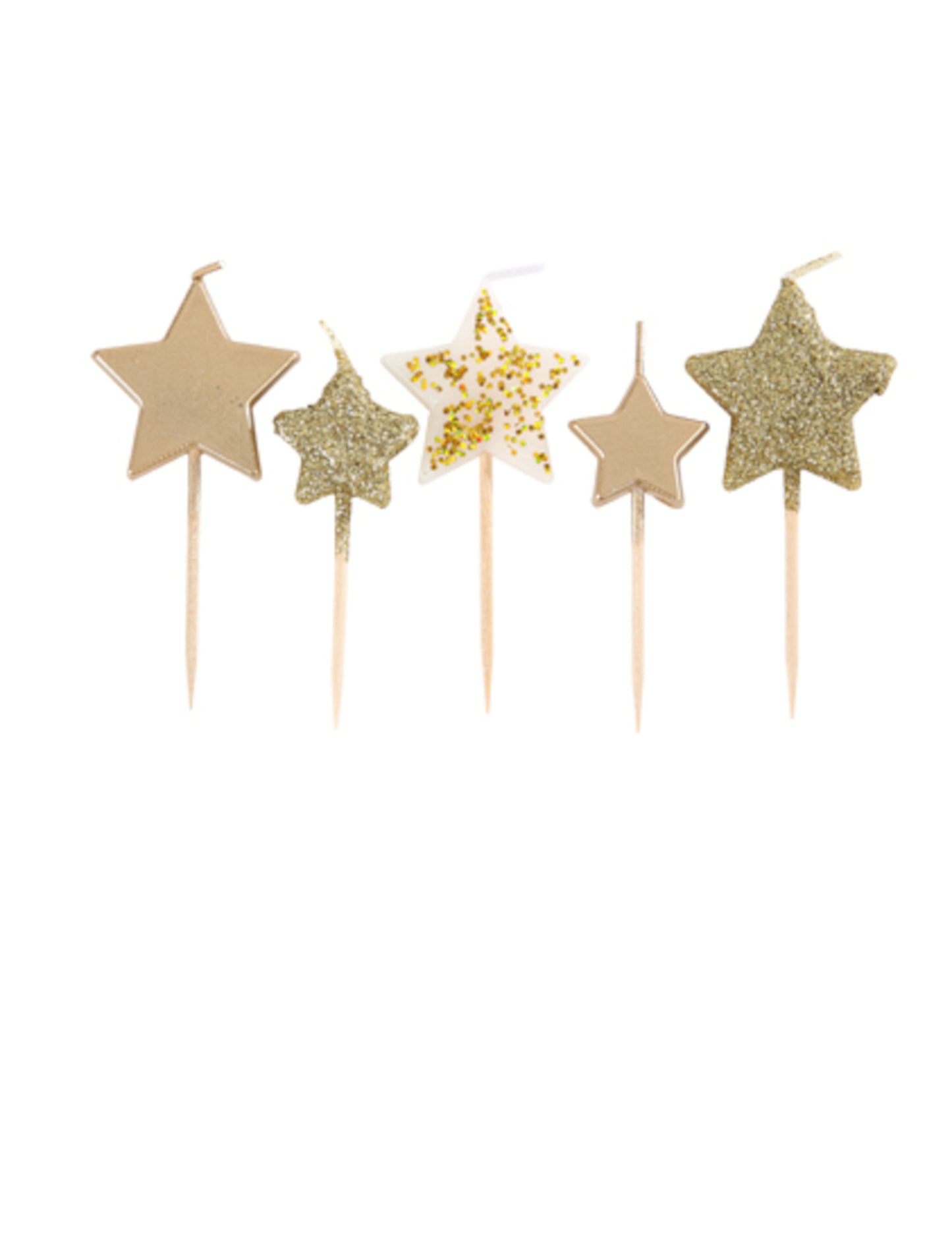 5 lumânări în formă de stea pe un gradient auriu, alege 7 cm paiete
