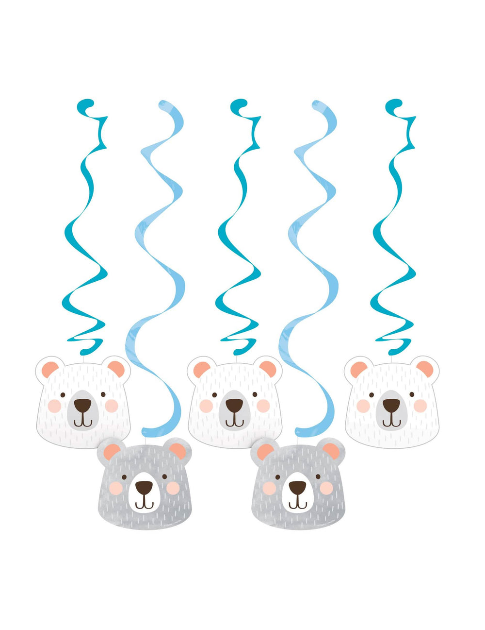 Suspensii din carton cu urși mici, spirale pentru baby shower albastru și alb