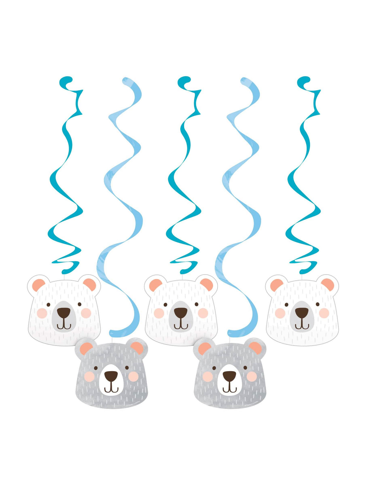 Suspensii din carton cu urși mici, spirale pentru baby shower albastru și alb