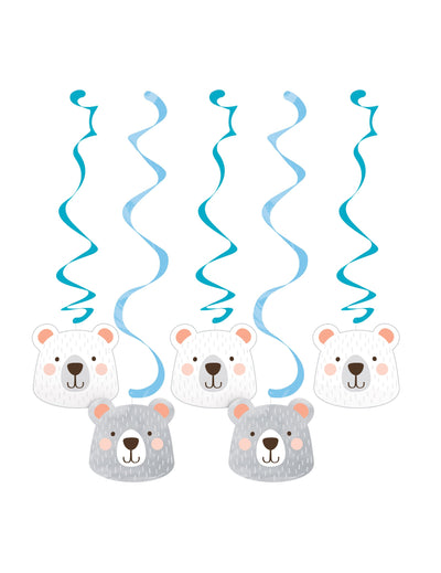 Suspensions en carton petit ours spirales pour baby shower bleu et blanc