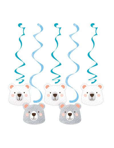 Suspensions en carton petit ours spirales pour baby shower bleu et blanc