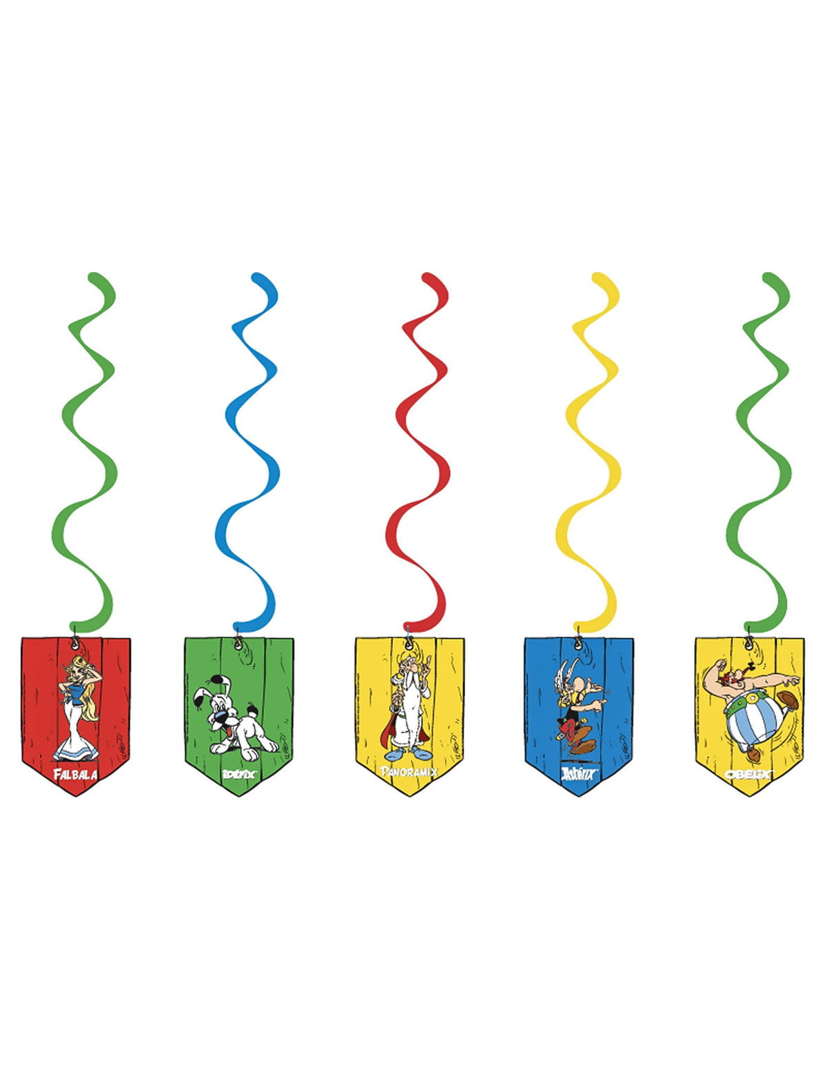 Suspensions spirales Astérix pour anniversaire multicolores avec médaillons de personnages gaulois