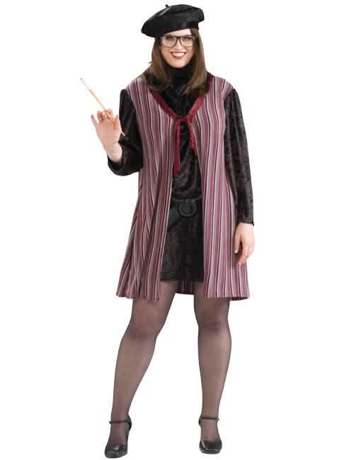 Costum ani 50 pentru femeie cu dungi bordo și negru cu beretă