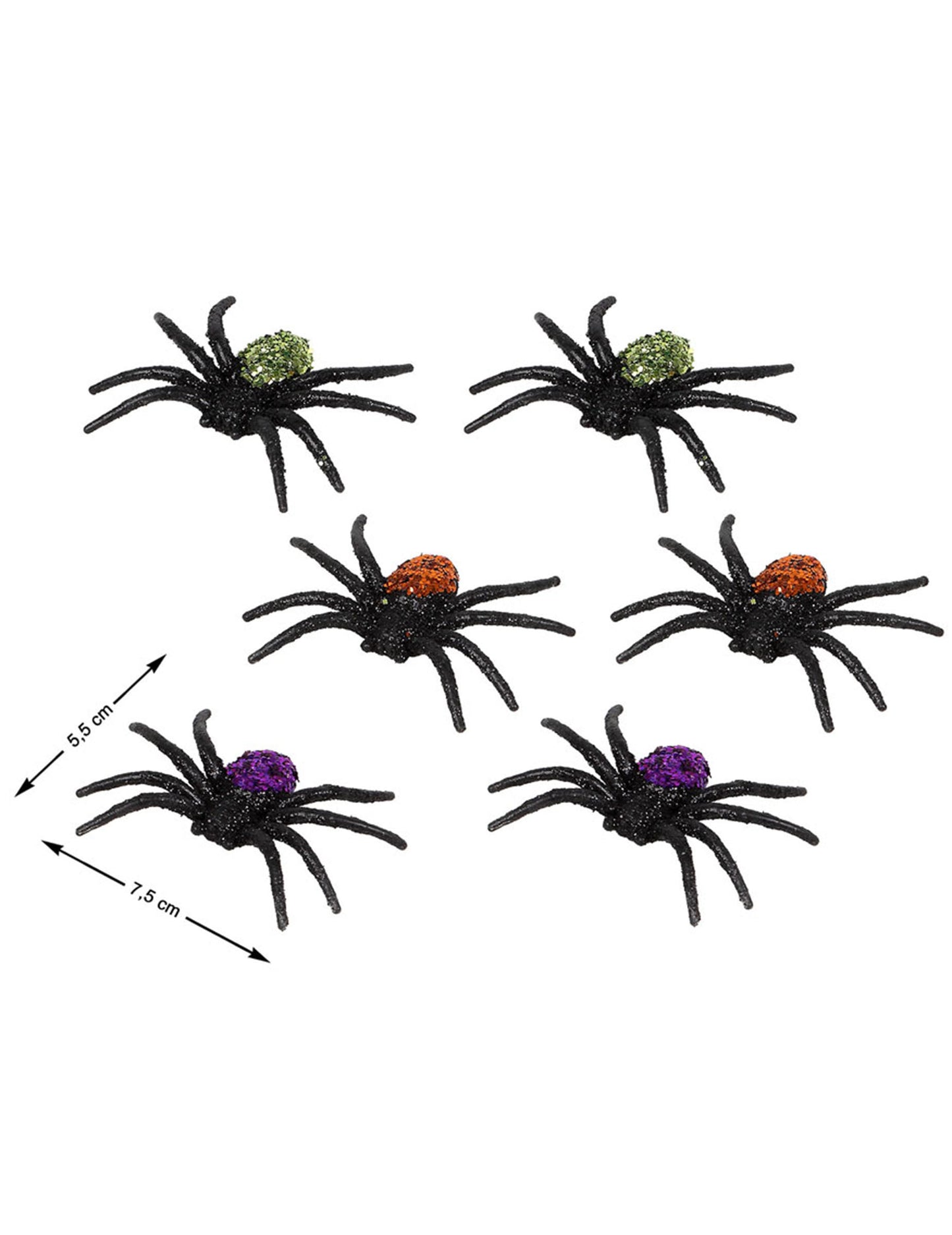 6 păianjeni cu sclipici în plastic 7,5 x 5,5 x 1,3 cm
