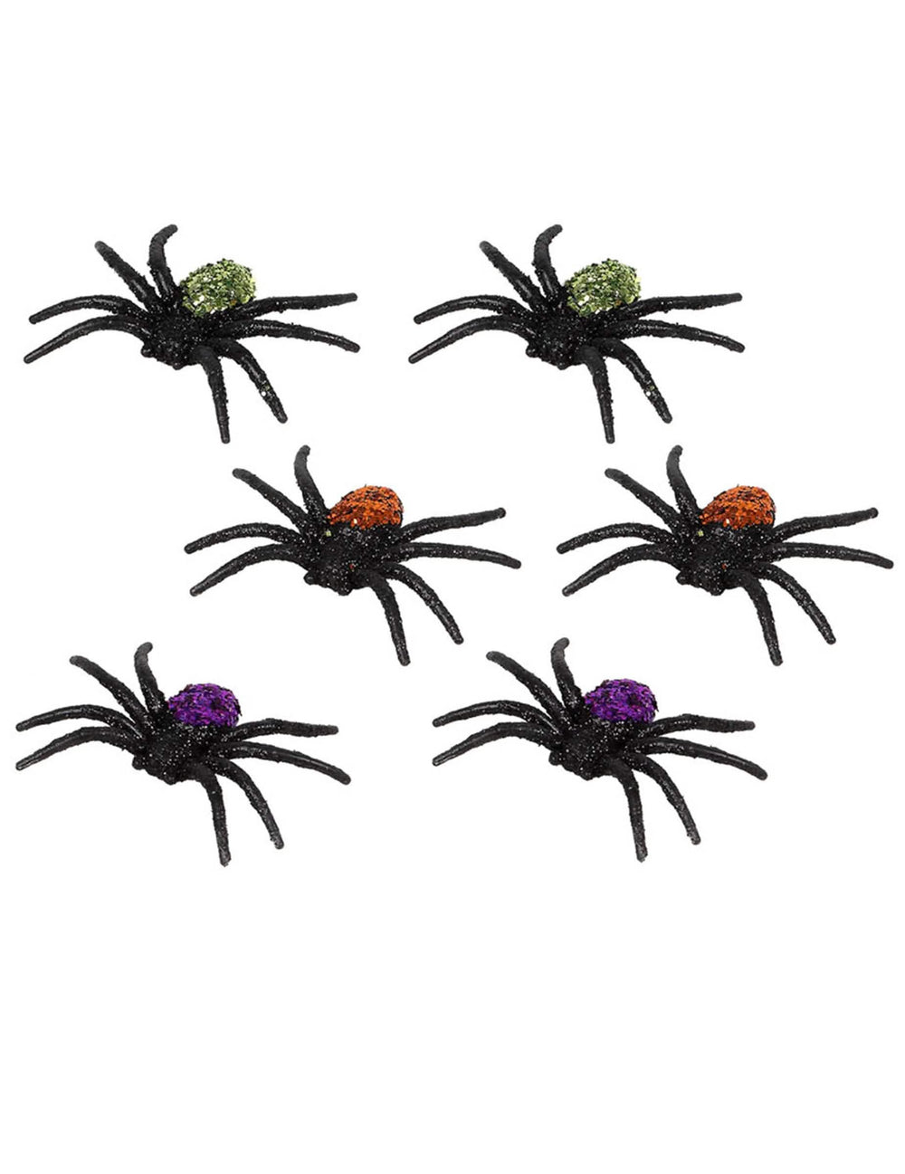păianjeni cu sclipici de halloween pentru decor, negri, cu spate verde, portocaliu și mov
