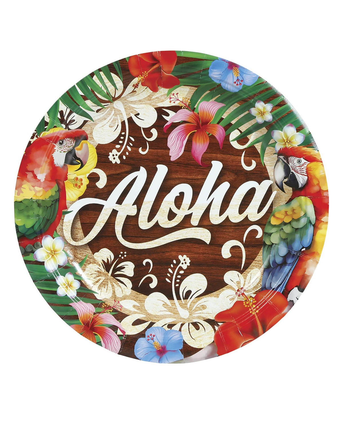 Assiettes Aloha Hawaï pour fête avec motif fleurs tropicales et perroquets