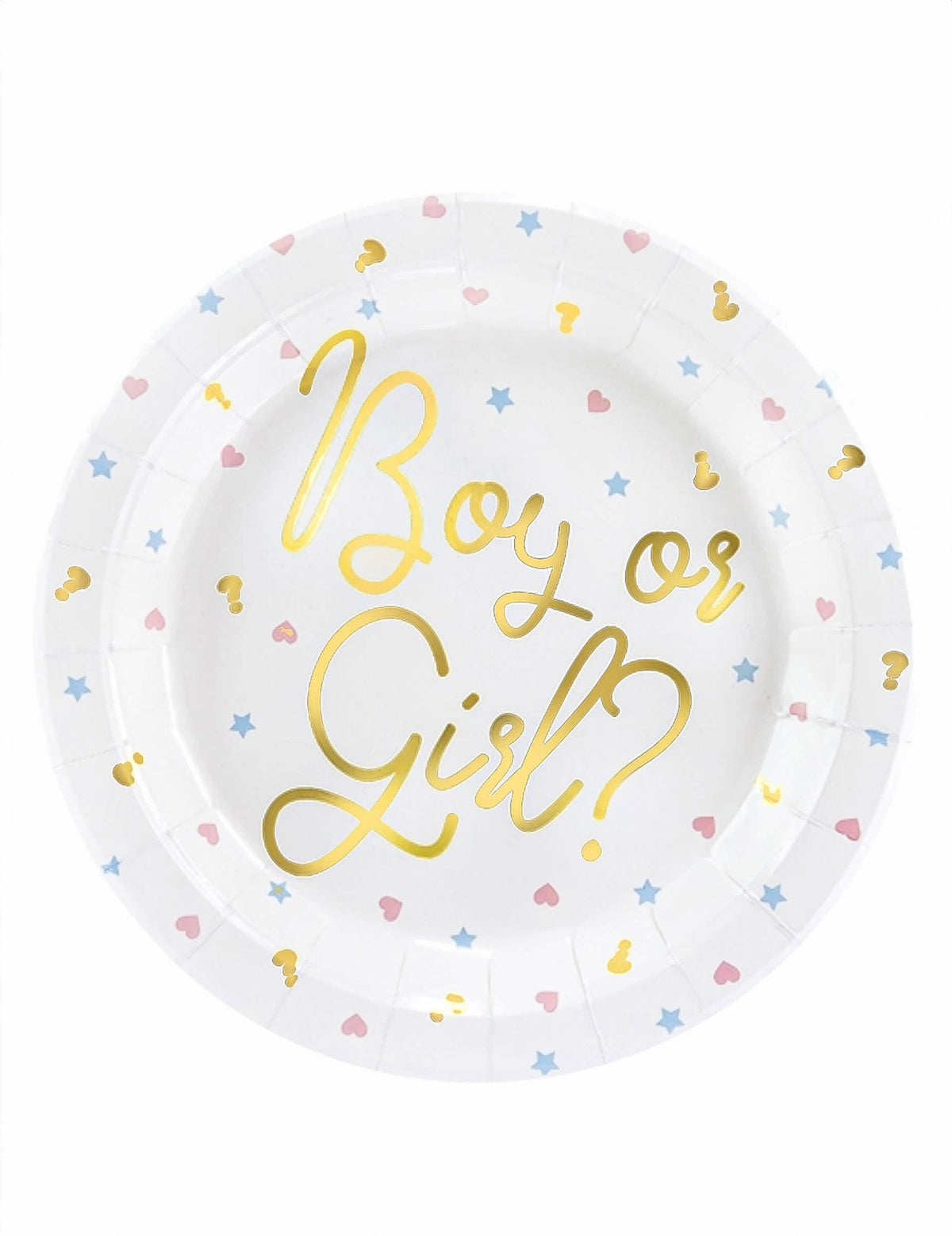farfurii de carton Boy or Girl pentru baby shower albe cu lettrage auriu