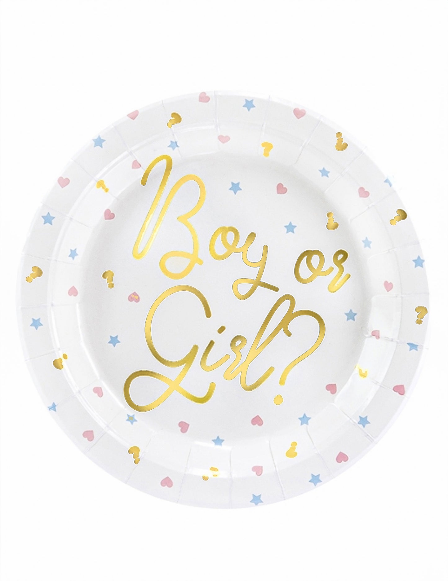 Assiettes en carton Boy or Girl pour baby shower blanches avec lettrage doré