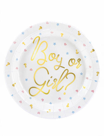 Assiettes en carton Boy or Girl pour baby shower blanches avec lettrage doré