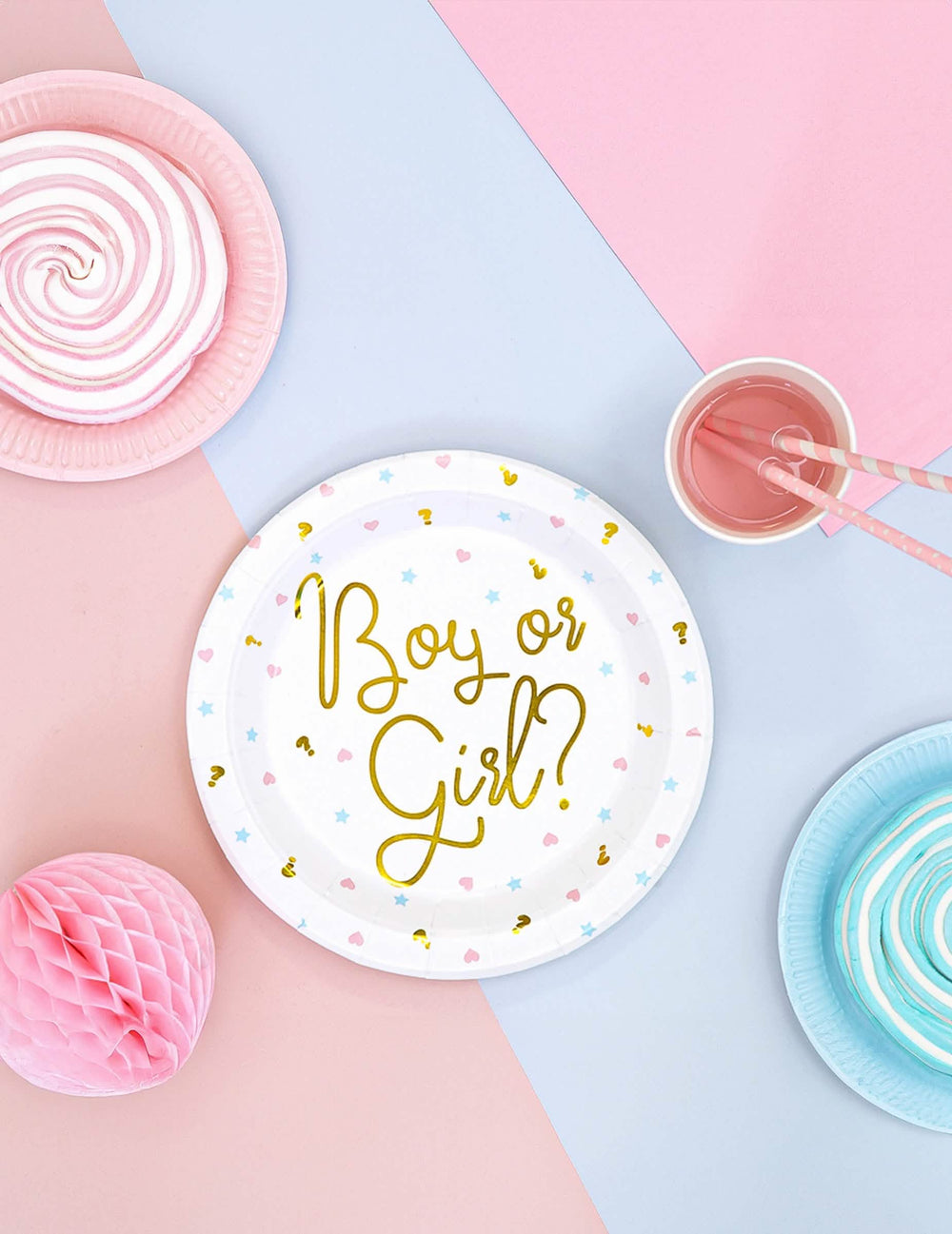 Mise en scenă a farfurii din carton Boy or Girl pentru baby shower