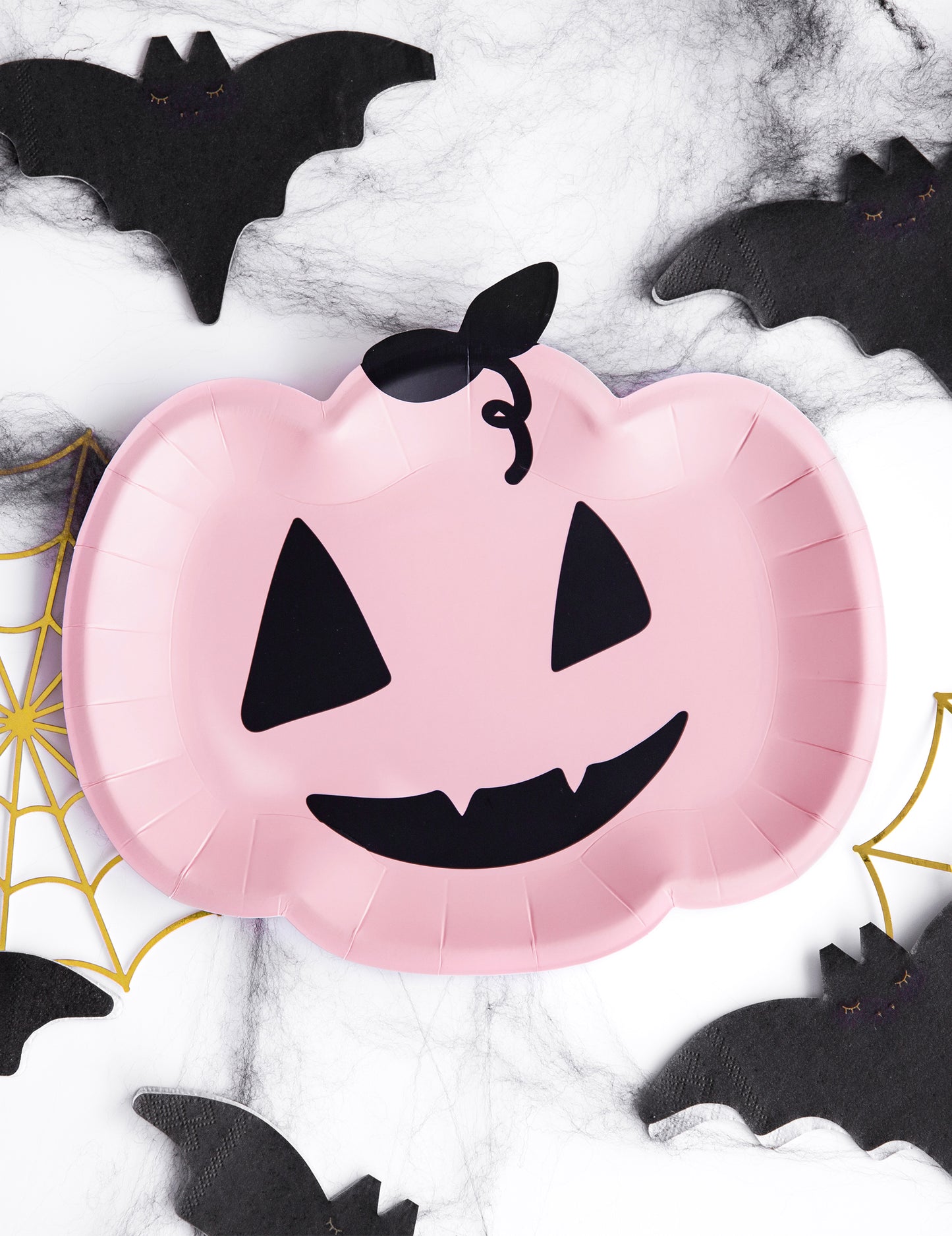 6 farfurii de carton roz și negre în formă de dovleac, 25 x 22 cm cm Halloween zâmbitor