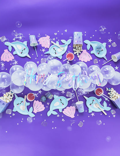 6 farfurii de carton în formă de unicorn marin cu narval albastru, 18,5 x 29 cm