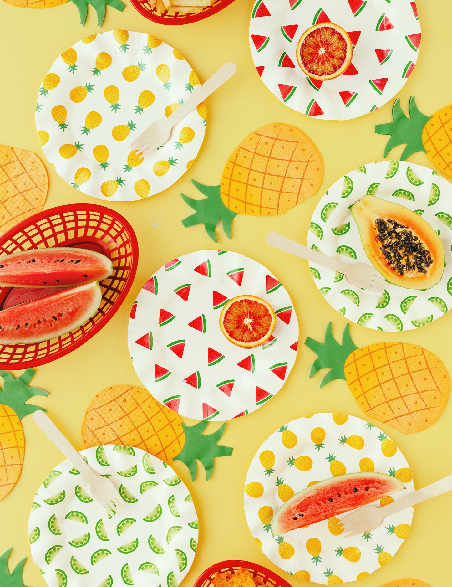 6 Assiettes en carton fruits pastèque, citron, ananas 20,5 cm