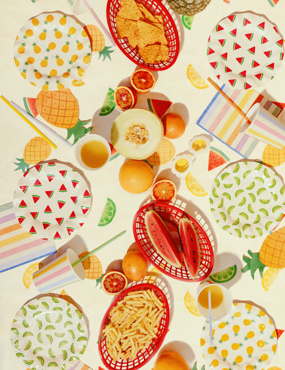 6 Assiettes en carton fruits pastèque, citron, ananas 20,5 cm
