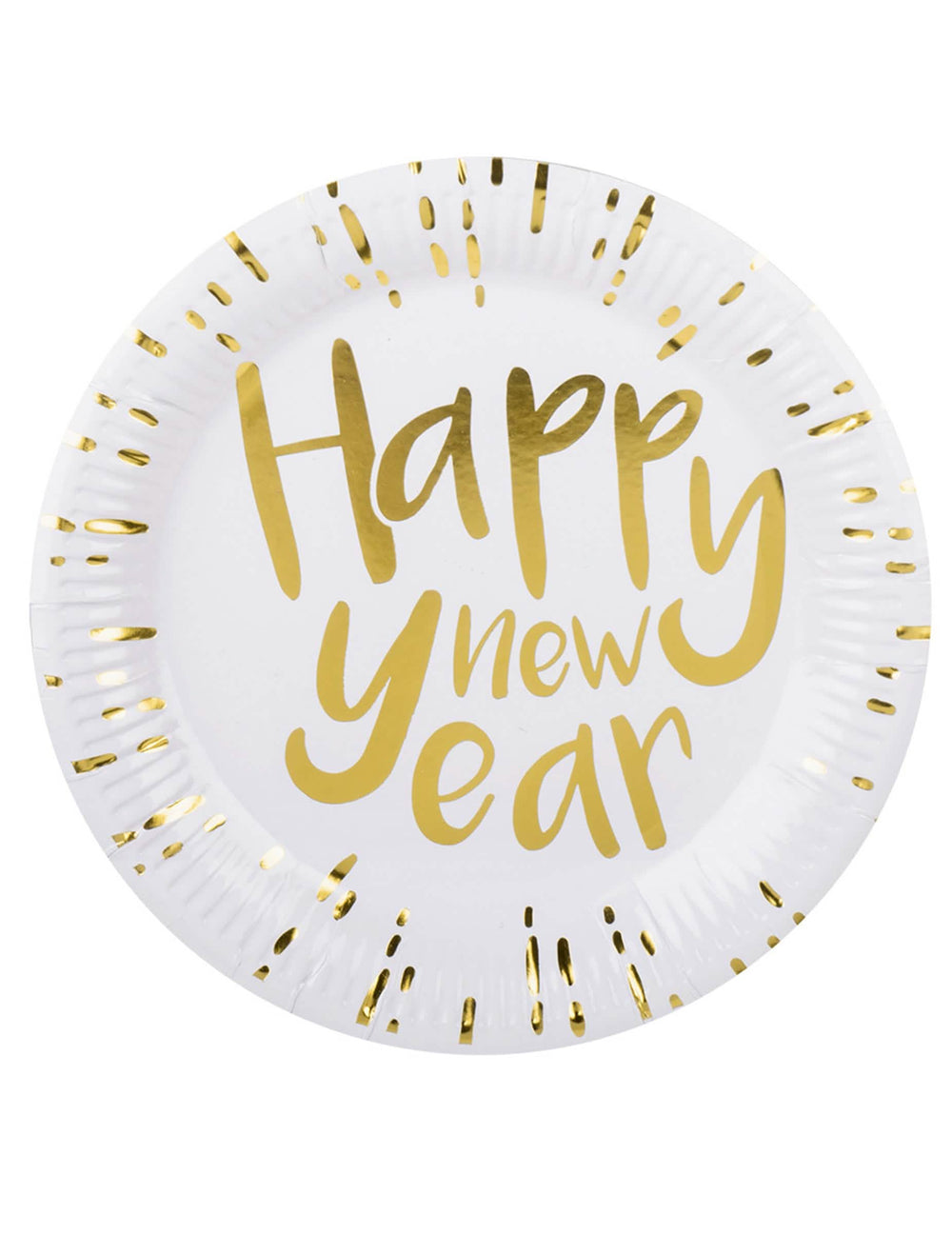 farfurii din carton Happy New Year pentru petrecerea de Revelion, albe și aurii