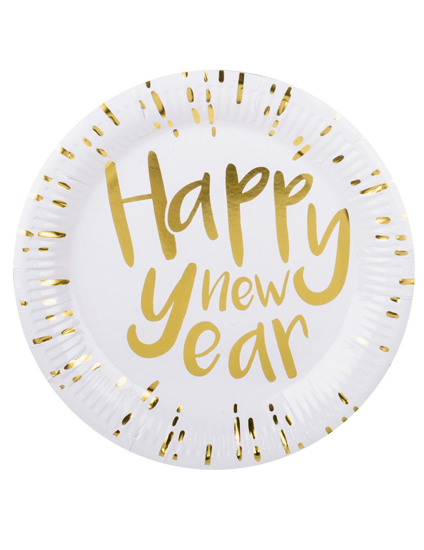 10 farfurii de carton albe și aurii cu mesajul „Anul Nou” 23 cm pentru noaptea de Revelion