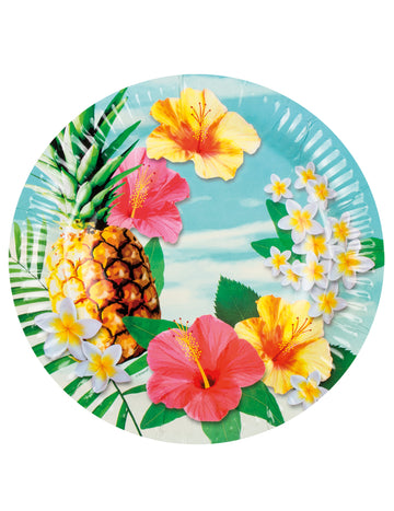 Mise en situation sur une table décorée des assiettes en carton Hawaii party