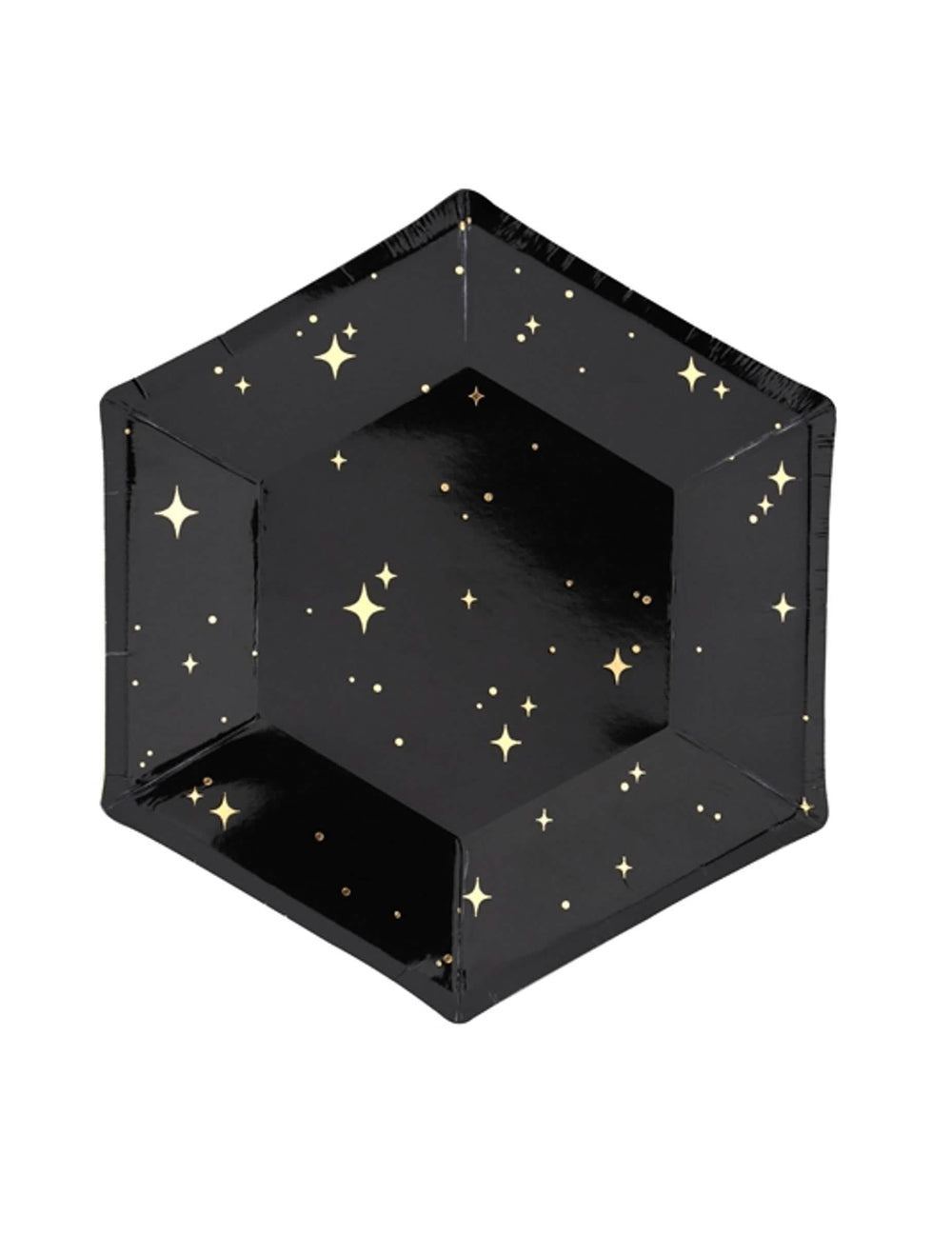 farfurii din carton hexagonale cu stele pentru petrecere, negre și aurii