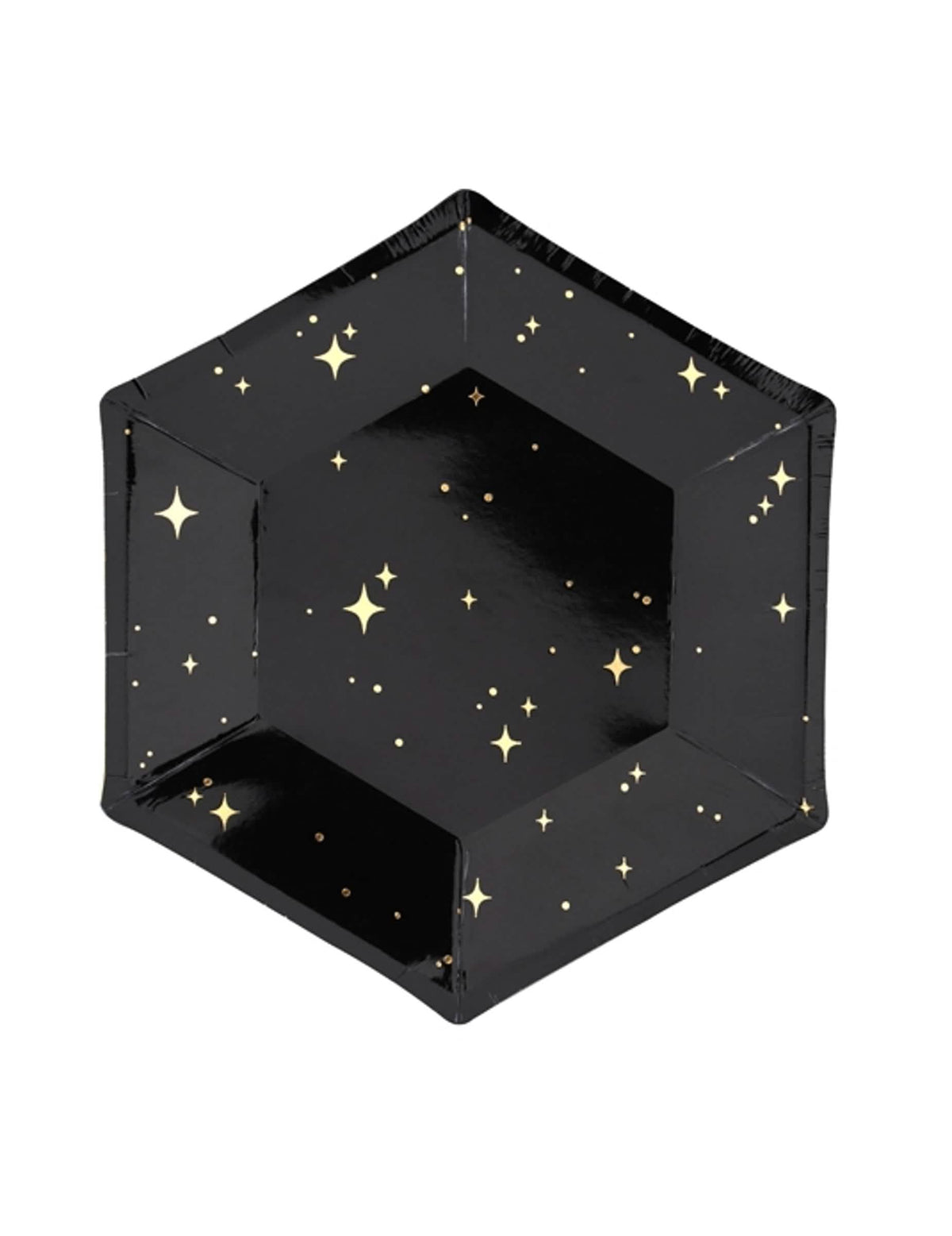 farfurii din carton hexagonale cu stele pentru petrecere, negre și aurii