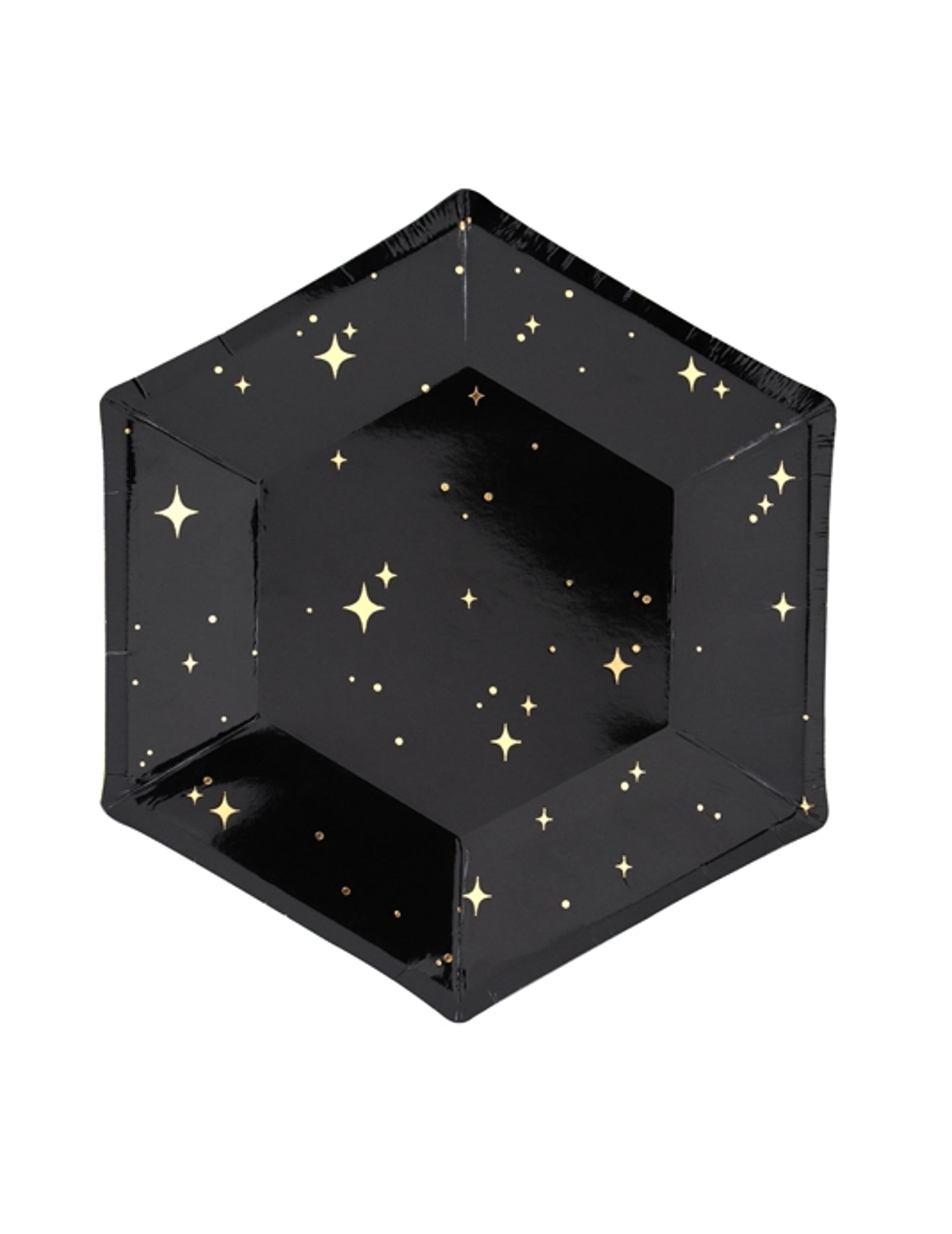Assiettes en carton hexagonales étoiles pour fête noires et dorées
