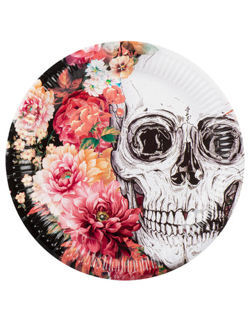 10 Assiettes en carton squelette fleuri 23 cm