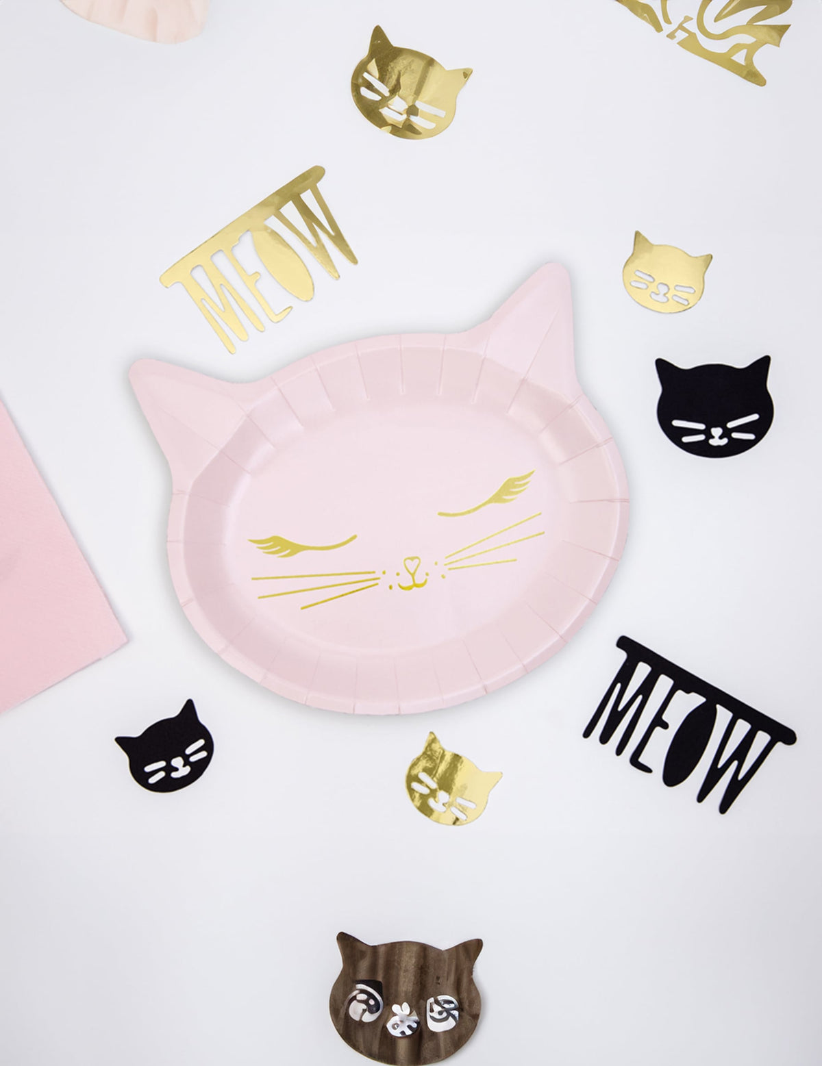 Vue de dessus avec confettis des assiettes en carton tête de chaton