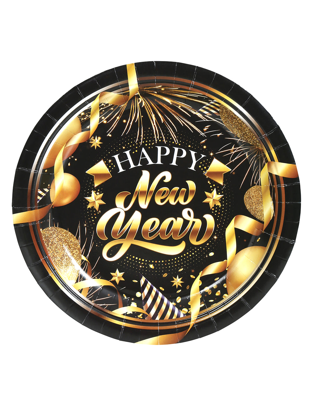 Assiettes en carton Happy new year pour fête noir et or