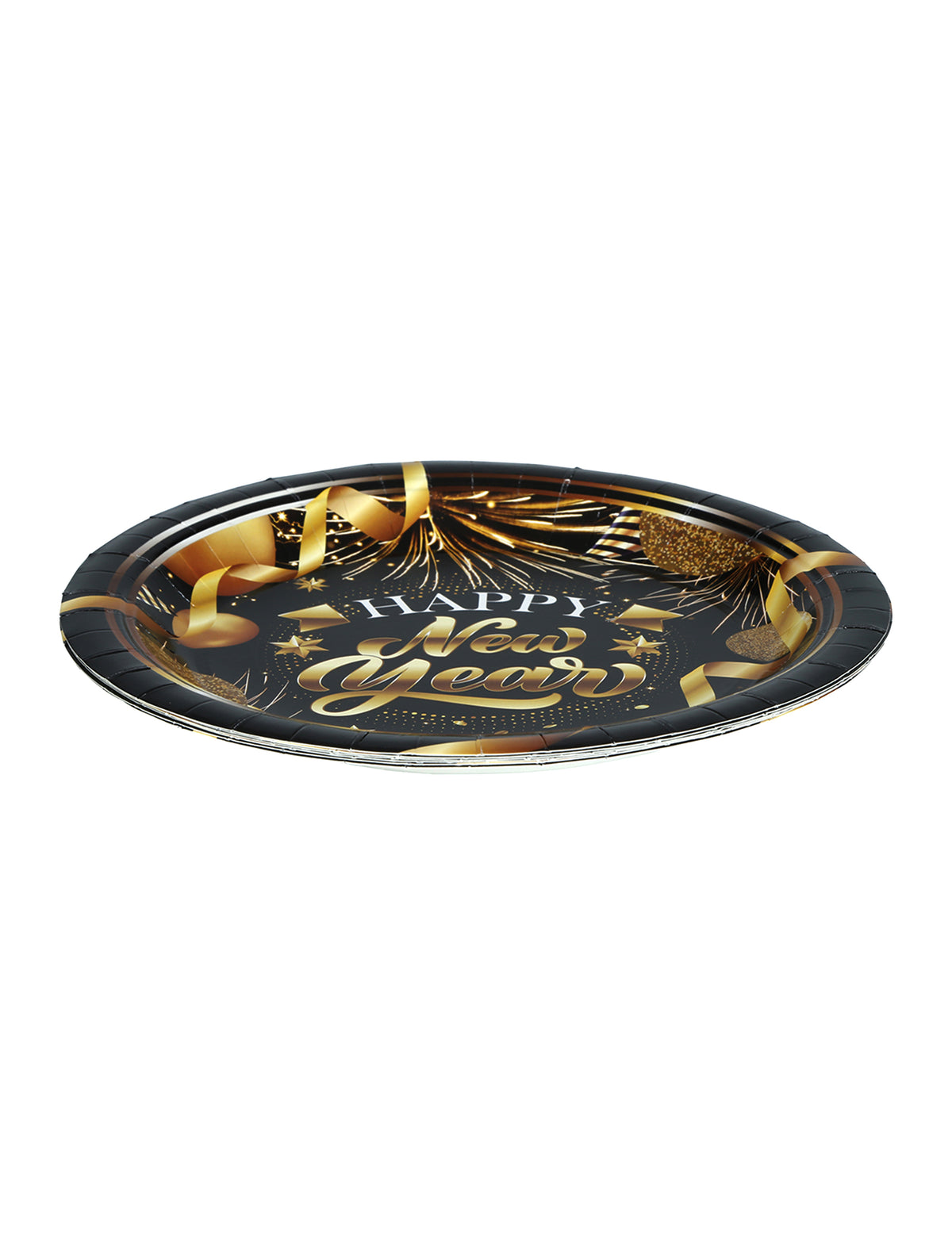 Vue de profil des assiettes en carton Happy new year pour fête noir et or